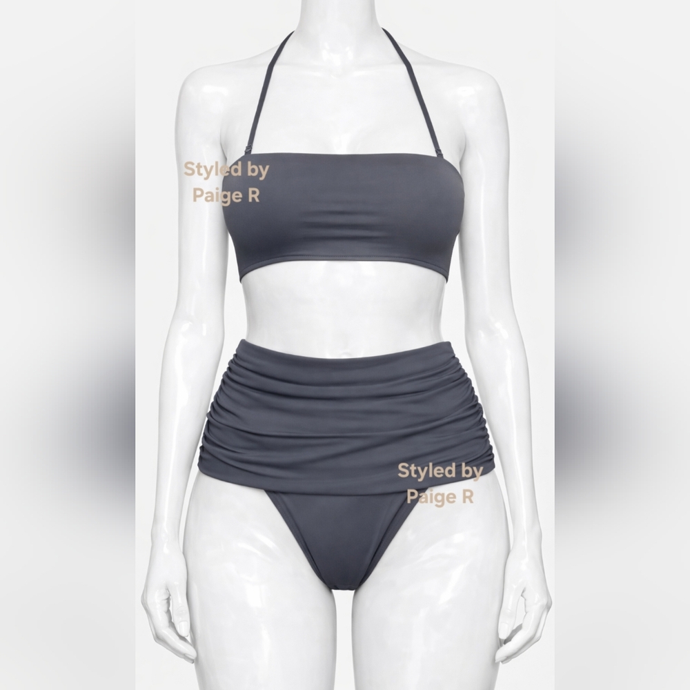 ❤NWT SKIMS 2 Piece Swim Bandeau Top Sculpting Foldover Bikini Bottom GUNMETAL 3X